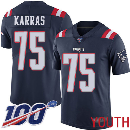 New England Patriots Football 75 100th Season Rush Vapor Limited Navy Blue Youth Ted Karras NFL Jersey